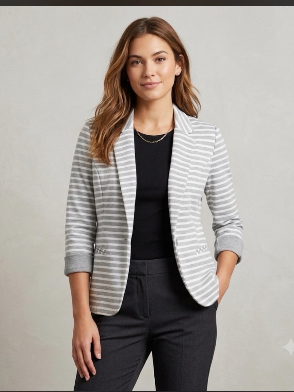 Skies Are Blue Striped Grey & White Cuffed Blazer Size Medium